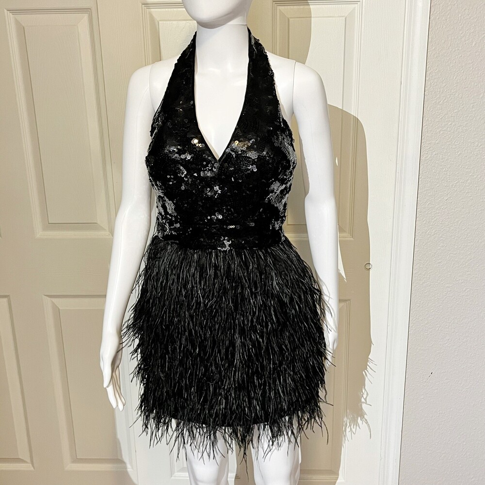 Bebe Dress Womens Black Bustier Top Halter Sequins Cocktail Evening Feathers XS